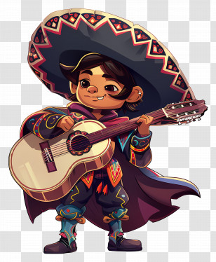 Mexican Man - Cartoon Guitarist In Traditional Sombrero Playing Guitar Transparent PNG