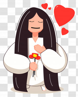 Girl Holding Heart - Loving Girl Holding A Flower Transparent PNG
