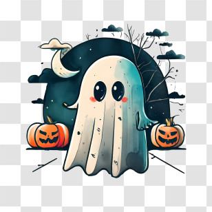 Halloween Ghost - Cute Ghost Illustration With Pumpkins Transparent PNG