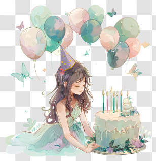Birthday Wish - Girl With Birthday Cake And Balloons Transparent PNG