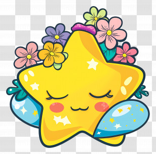Kawaii Star - Yellow Star With Flowers And Cute Smile Transparent PNG