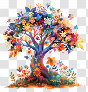 Blooming Tree - Colorful Artistic Tree With Blooming Flowers Transparent PNG
