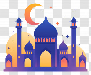 Masjid - Colorful Ramadan Mosque Illustration With Crescent Moon Transparent PNG