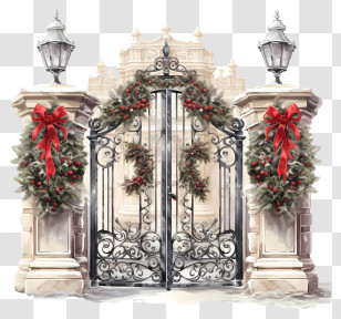 Ornate Wrought Iron Gate - Festive Christmas Decorated Gate Transparent PNG