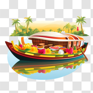 Onam Boat - Houseboat With Food And Fruits Illustration Transparent PNG