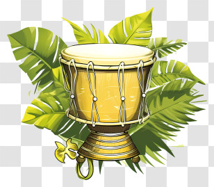 Drum - Tropical Yellow Djembe With Leaves Transparent PNG