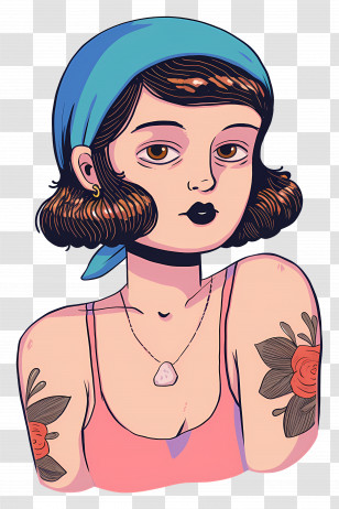 Retro Girl Tattoo - Girl With Tattoos And Headscarf Transparent PNG