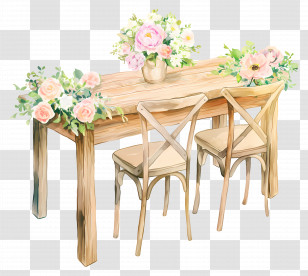 Watercolor Wedding Scene - Wooden Table With Floral Arrangements And Chairs Transparent PNG