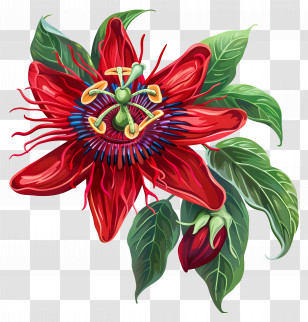 Passion Flower - Red Passion Flower With Leaves And Bud Transparent PNG