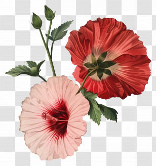 Vintage Flowers - Red And Pink Hibiscus Flowers Illustration Transparent PNG