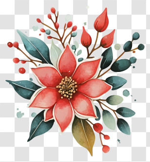 Watercolor Illustration - Christmas Poinsettia Floral Arrangement Transparent PNG