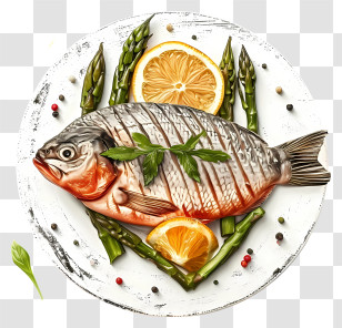 Hand Drawn Fish Dish - Roasted Fish With Vegetables Transparent PNG