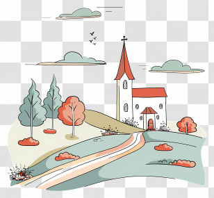 Church Landscape - Cartoon Countryside Chapel With Trees And Trail Transparent PNG