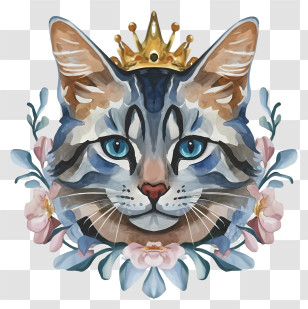 Cat - Royal Cat With Crown And Flowers Transparent PNG