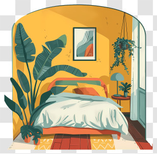 Bed Room Cartoon - Cozy Bedroom Decor With Indoor Plants Transparent PNG