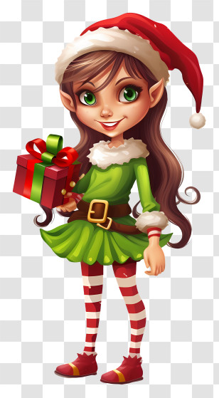 Red Dress - Christmas Elf Holding Gift In Cheerful Outfit Transparent PNG