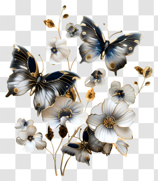 Butterfly - Butterflies And Flowers In A Decorative Pattern Transparent PNG