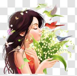 Spring Flower - Woman With Flowers And Birds Illustration Transparent PNG