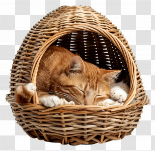 Cat Bed - Ginger Cat Resting In Wicker Bed Transparent PNG