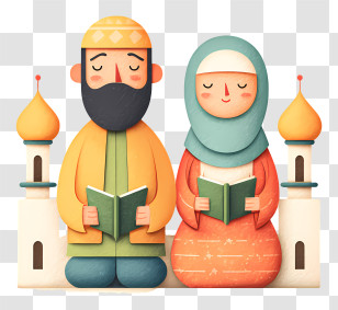 Muslim Couple Reading Al Quran - Praying Couple At Mosque Transparent PNG
