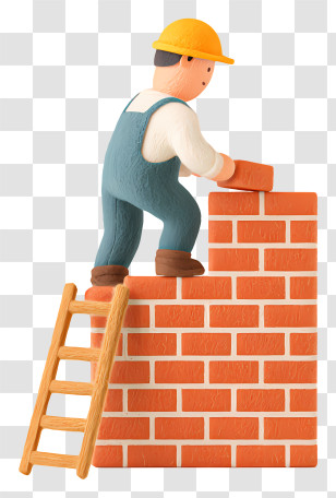 Man Building Bricks Wall - Builder Climbing Ladder With Bricks Transparent PNG