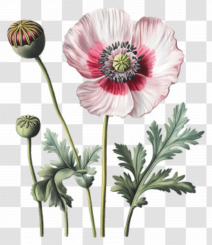 Flower Vintage - Artistic Pink Poppy Flower With Botanical Details Transparent PNG