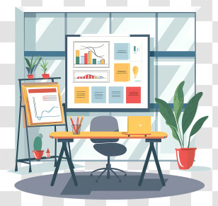 Office Presentation Board - Modern Office Setup With Charts And Plants Transparent PNG