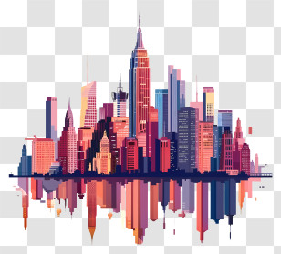 Manhattan City Skyline - City Skyline Illustration With Reflection Transparent PNG