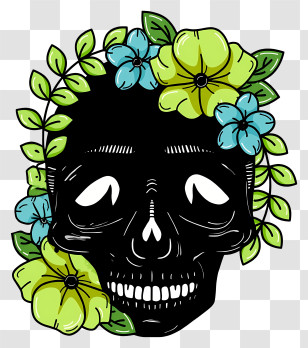 Halloween Skull Flowers - Black Skull With Flowers For Day Of The Dead Transparent PNG