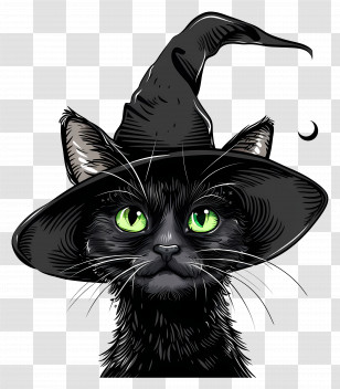 Halloween Cat - Black Cat With Witch Hat For Halloween Transparent PNG