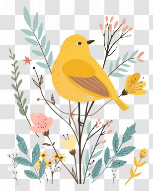 Yellow Bird With Flowers - Yellow Bird And Floral Illustration Transparent PNG