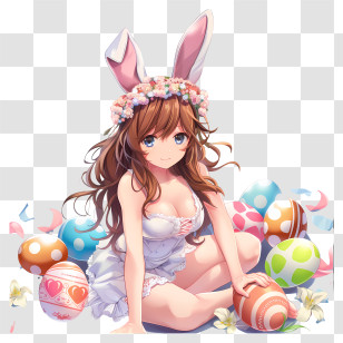 Anime - Anime Bunny Girl With Easter Eggs In A Festive Scene Transparent PNG