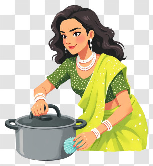 Indian Woman Washing Dishes - Woman Scrubbing Pot In Green Saree Transparent PNG