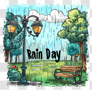 National Rain Day - Rainy Day In Park With Bench And Lamp Transparent PNG
