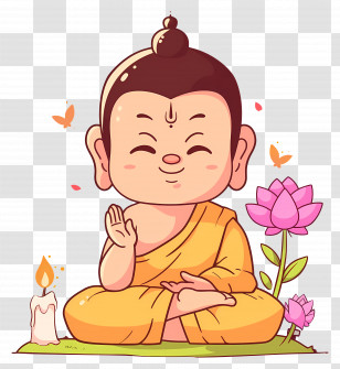 Buddha - Smiling Buddha Cartoon With Lotus And Candle Transparent PNG