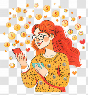 Likes - Woman Using Smartphone With Coins And Hearts Transparent PNG
