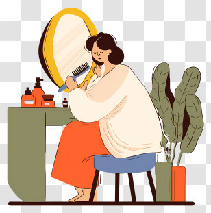 Self Care Routine - Woman Combing Hair At Vanity Transparent PNG