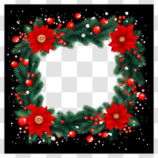 Christmas Wreath - Pine And Poinsettia Holiday Frame Transparent PNG