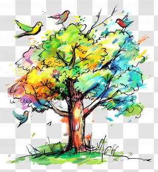 Tree With Birds - Colorful Tree With Birds Illustration Transparent PNG
