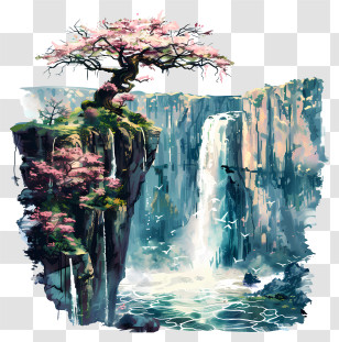Victoria Falls - Beautiful Waterfall With Cherry Blossom Tree Transparent PNG