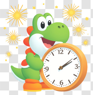 Yoshi New Year - Cute Green Dino Holding Clock Transparent PNG