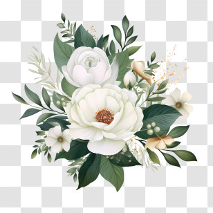 Wedding Floral Art - Elegant White Floral Bouquet With Greenery Transparent PNG