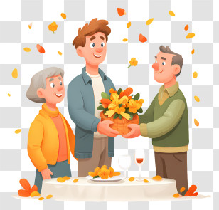 Man Holding Gift Basket To Parents - Family Thanksgiving Celebration Scene Transparent PNG