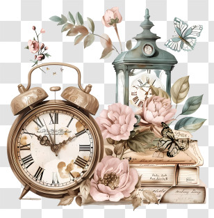 Cherish An Antique Day - Vintage Clocks With Flowers And Books Transparent PNG