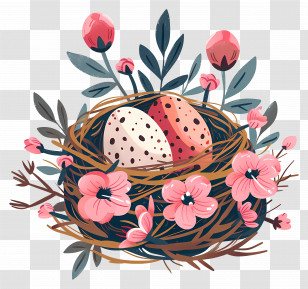 Easter Eggs - Bird Nest With Eggs Surrounded By Pink Flowers Transparent PNG