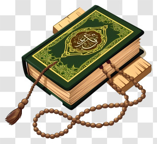 Cartoon Holy Book Of Koran And Pray Beads - Decorative Holy Book With Tasbih Beads Transparent PNG