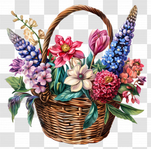May Day - Wicker Basket With Vibrant Floral Arrangement Transparent PNG
