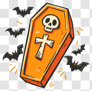 Cute Coffin With Cross - Orange Coffin With Bats And Skull Transparent PNG