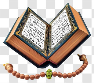 Holy Book Of Koran And Pray Beads - Open Quran With Prayer Beads Transparent PNG