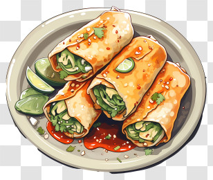 Watercolor Spring Rolls - Plate Of Spring Rolls With Sauce Transparent PNG